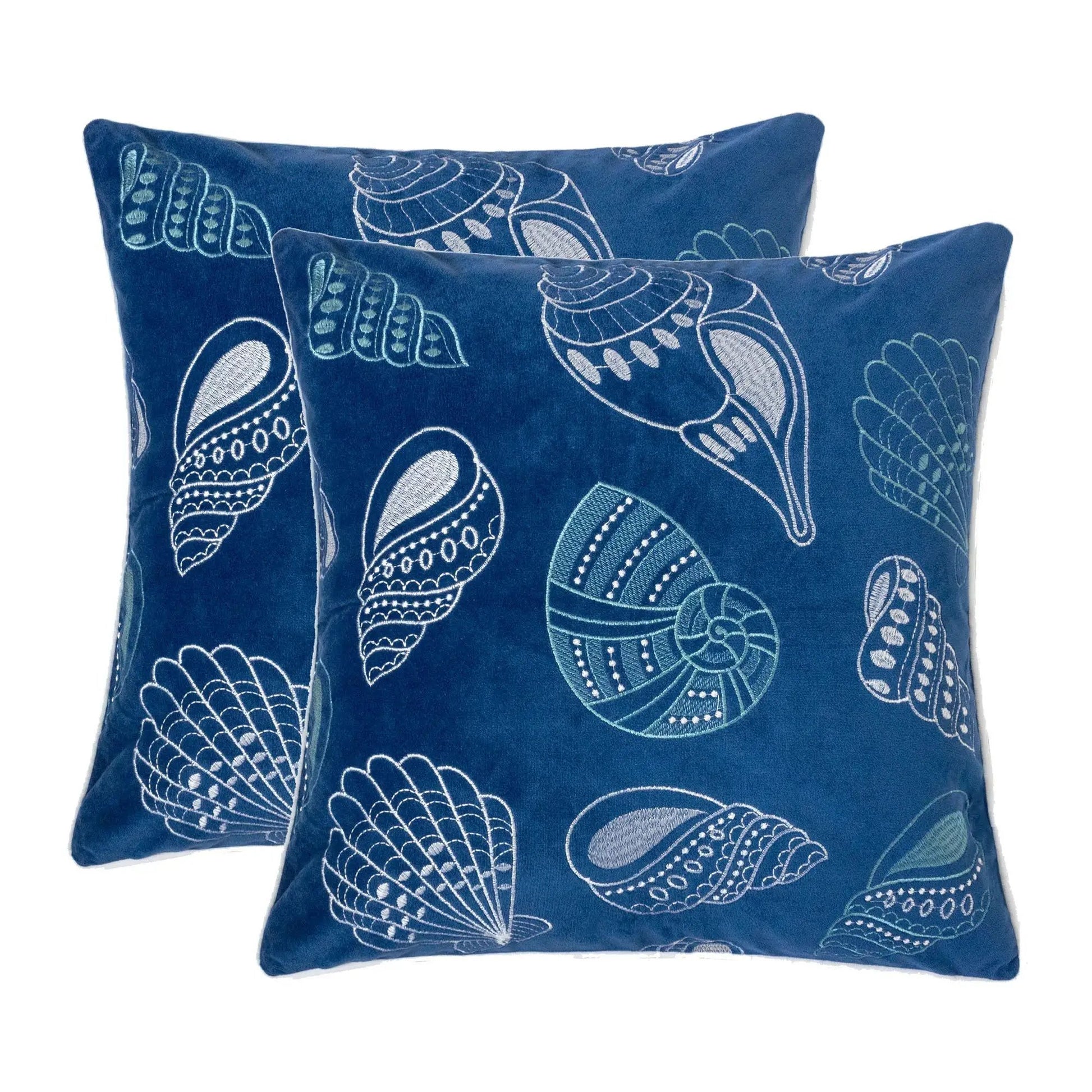 Seashells pillow cover blue velvet with white embroidery, 2-pack accent pillows on Tampa Home & Garden Store