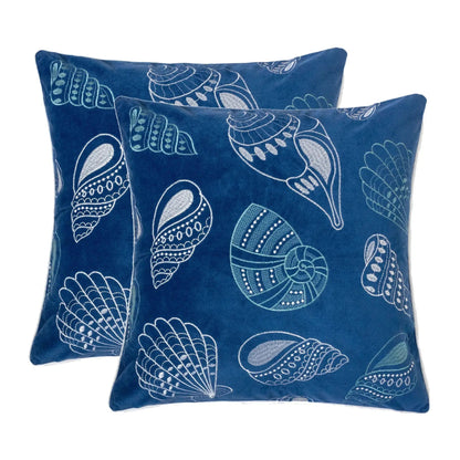 Seashells pillow cover blue velvet with white embroidery, 2-pack accent pillows on Tampa Home & Garden Store