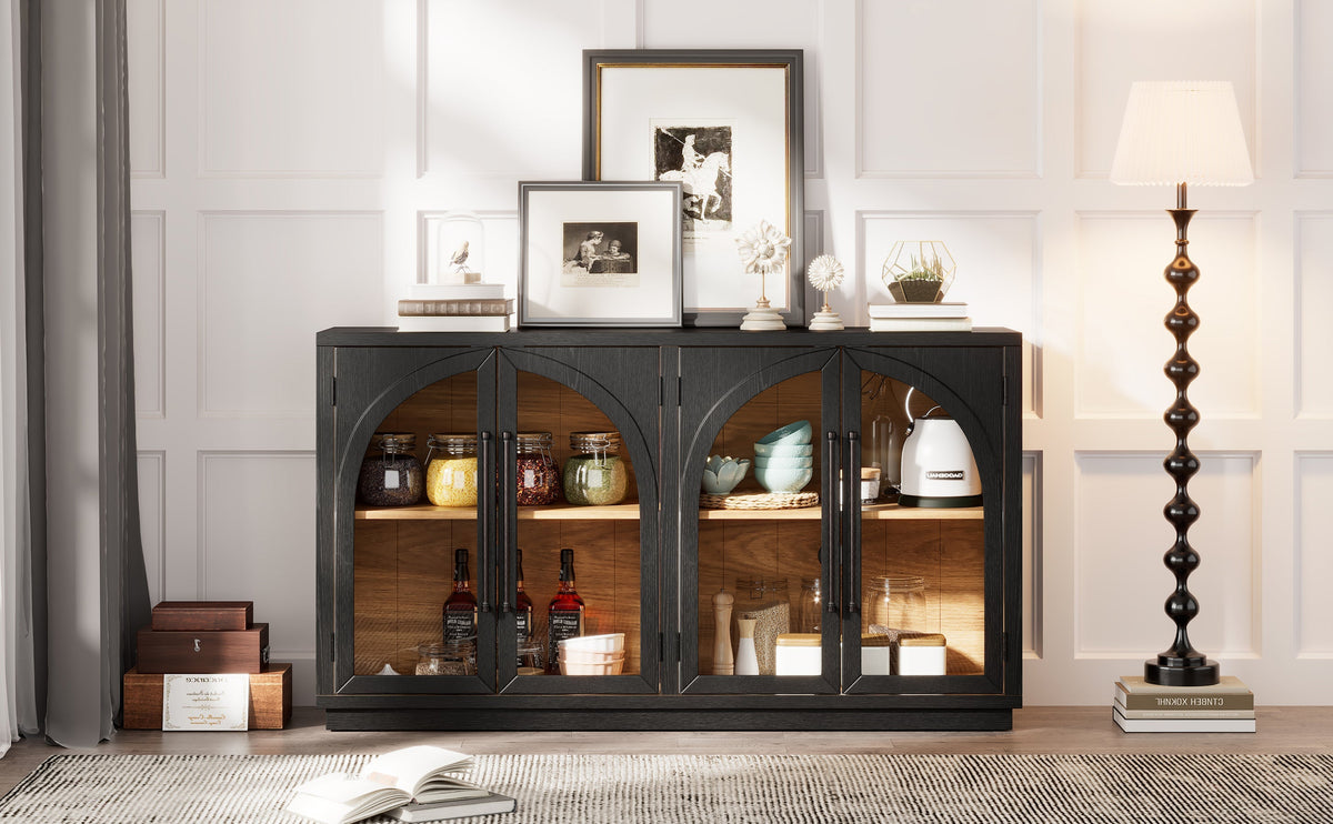 4-Door Large Storage Sideboard Buffet Cabinet with Glass Doors Arched Cabinet Black with glass-front arches displaying jars on Tampa Home & Garden Store