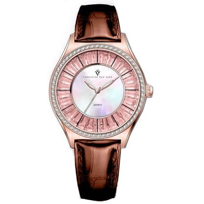 Christian Van Sant Luna watch, rose-gold case, crystal bezel, iridescent dial, leather strap on Tampa Home & Garden Store