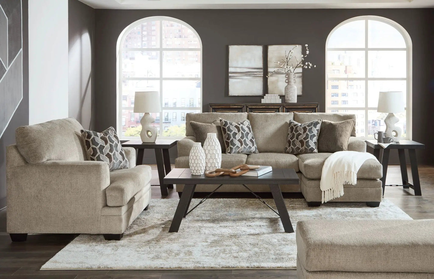 Stonemeade 3-Piece Living Room Set beige fabric with dark wood legs includes sofa loveseat chair on Tampa Home & Garden Store