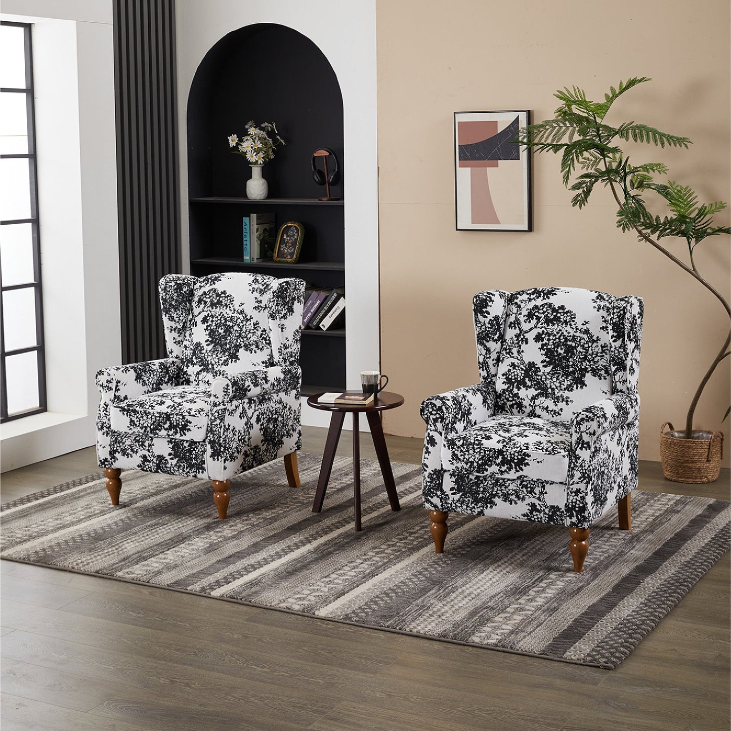 Coffee Table & Armchair Set with two black and white floral chairs and a round side table on Tampa Home & Garden Store
