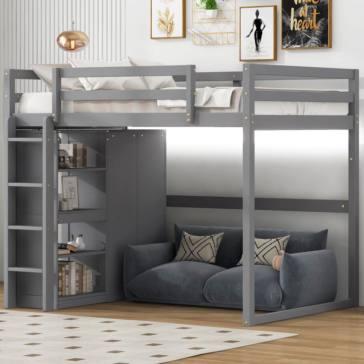 Gray loft bed with built-in wardrobe and storage shelves, ladder, and under-bed sofa on Tampa Home & Garden Store
