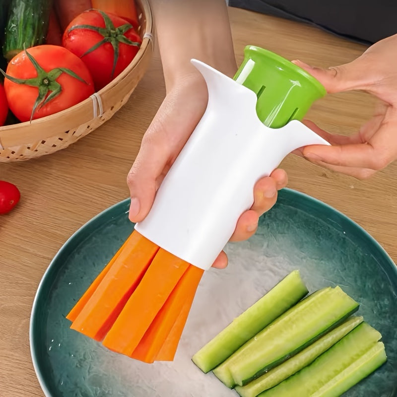 Versatile Manual Vegetable Chopper white body with orange carrot batons and green cap cucumber sticks on Tampa Home & Garden Store