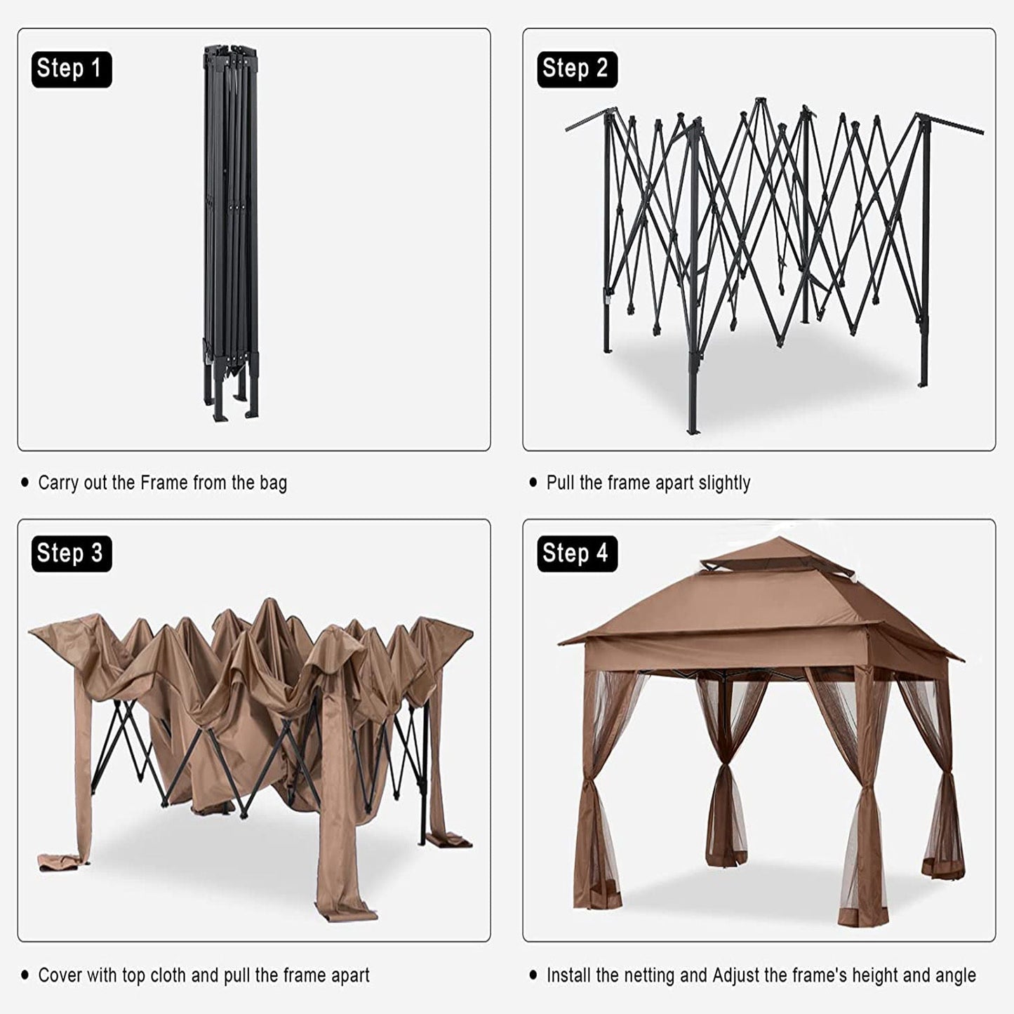 Outdoor pop up gazebo canopy with 2-tier soft top and removable zipper netting, assembly on Tampa Home & Garden Store