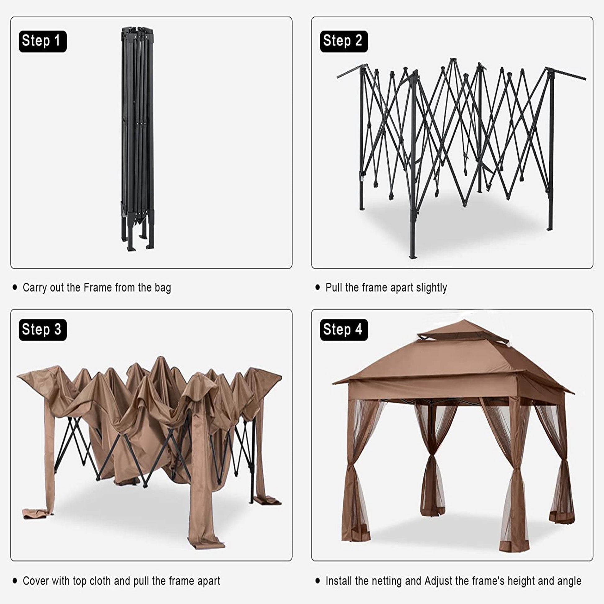Outdoor pop up gazebo canopy with 2-tier soft top and removable zipper netting, assembly on Tampa Home & Garden Store