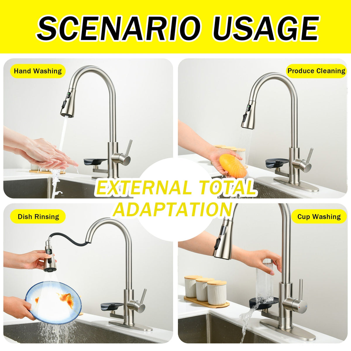3-in-1 kitchen faucet by HouseOfZazla brushed nickel with LED temp display and pull-down sprayer on Tampa Home & Garden Store