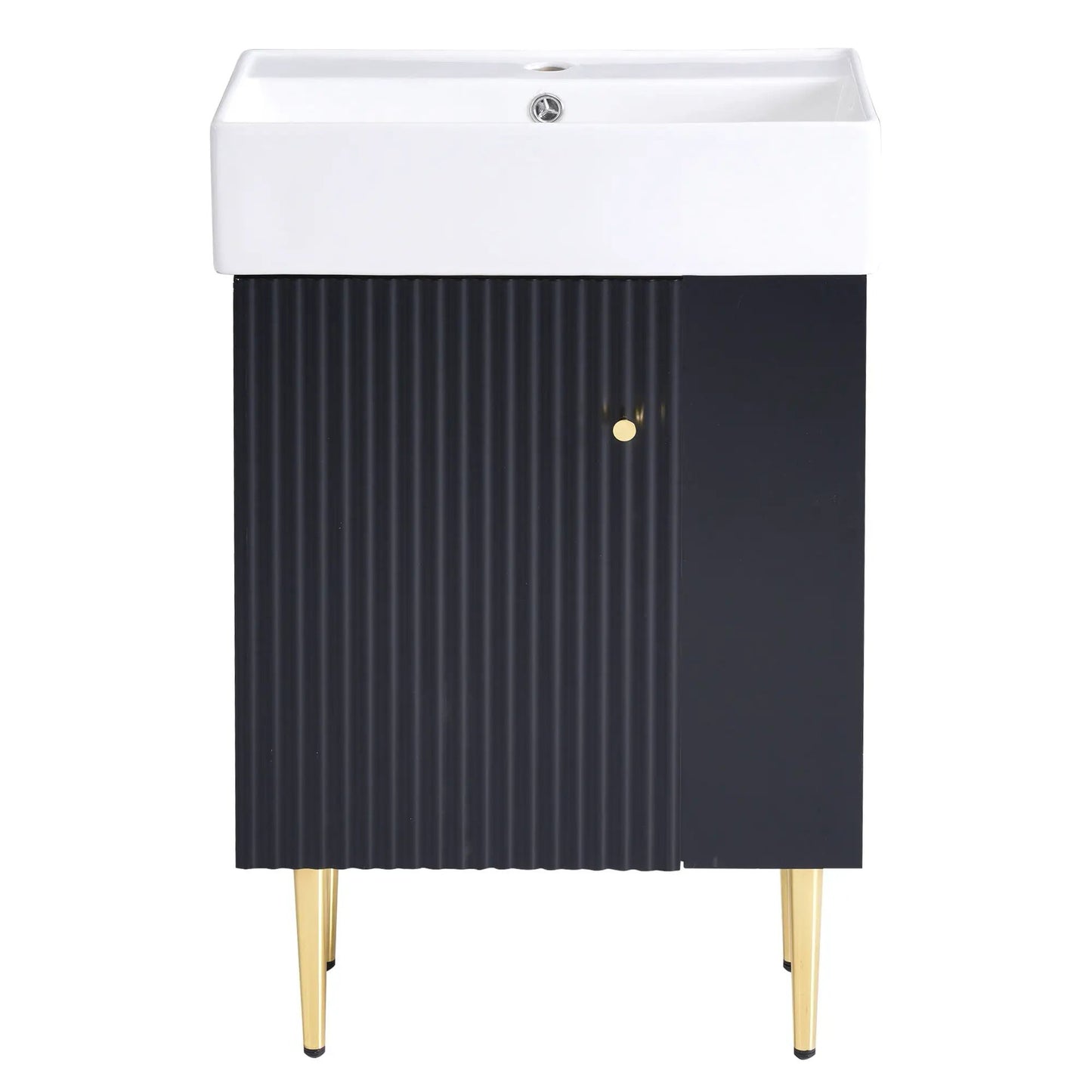 Bathroom vanity with white ceramic sink, black ribbed cabinet, and gold legs on Tampa Home & Garden Store