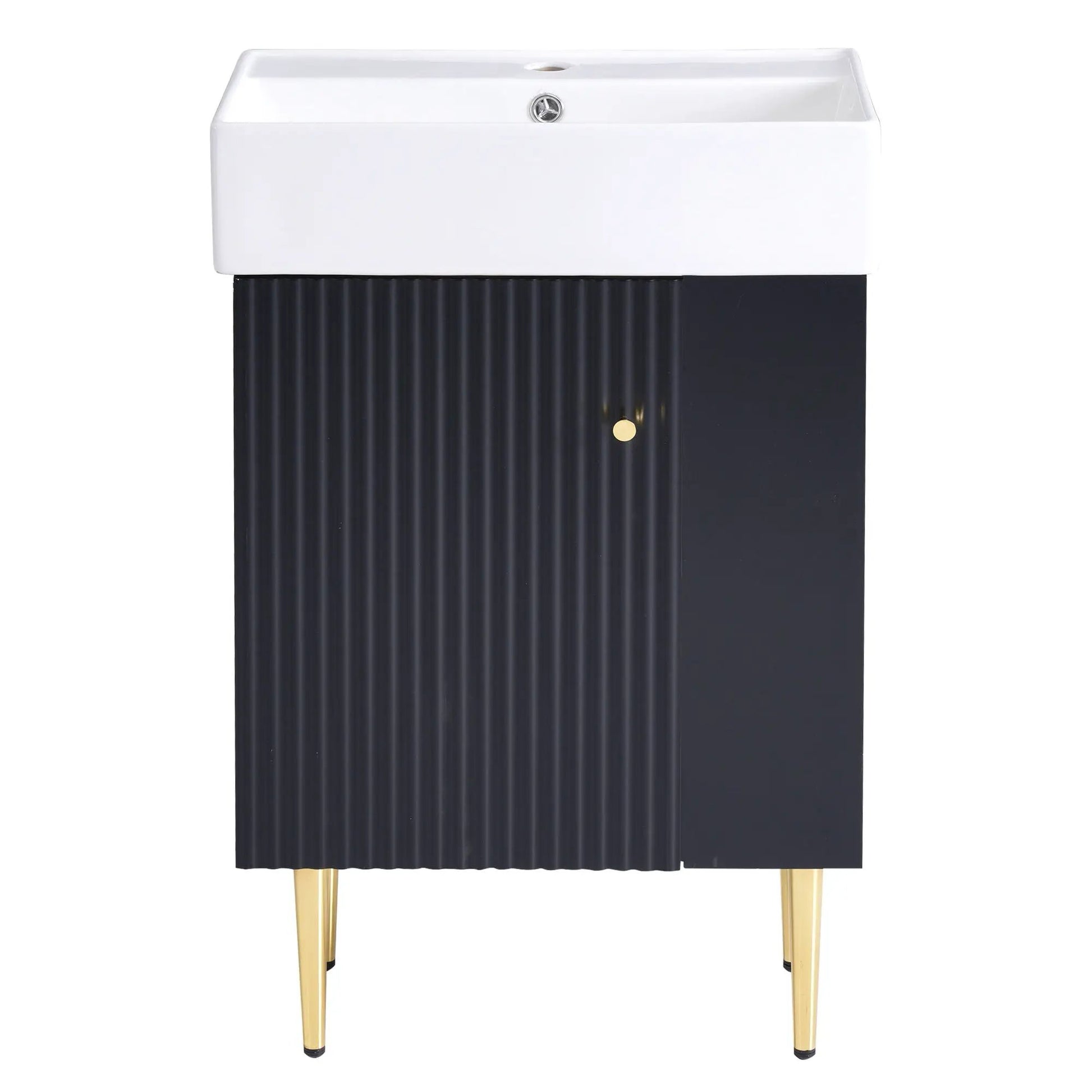 Bathroom vanity with white ceramic sink, black ribbed cabinet, and gold legs on Tampa Home & Garden Store