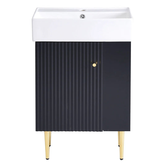 Bathroom vanity with white ceramic sink, black ribbed cabinet, and gold legs on Tampa Home & Garden Store