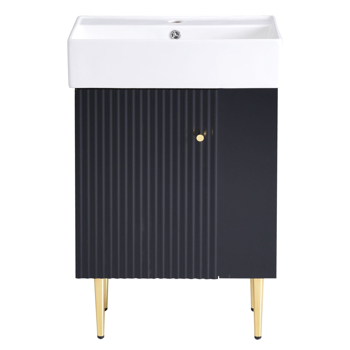Bathroom vanity with single ceramic sink atop black ribbed cabinet with gold legs HouseOfZazla on Tampa Home & Garden Store