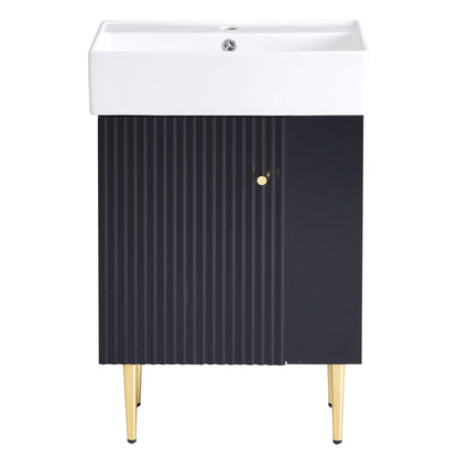 Bathroom vanity with single ceramic sink atop black ribbed cabinet with gold legs HouseOfZazla on Tampa Home & Garden Store