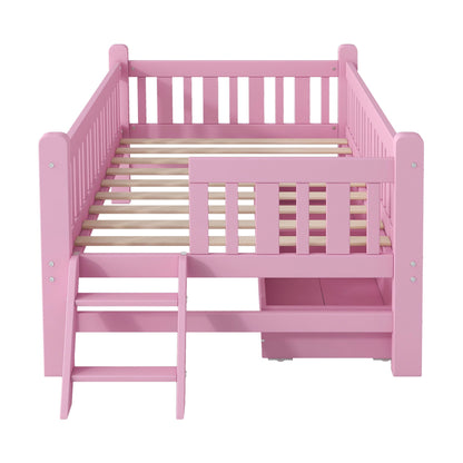 Platform bed with guardrails and 2 drawers in pink finish, wood slat base with ladder on Tampa Home & Garden Store