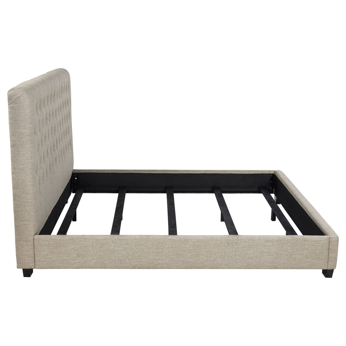Copper Eastern King Panel Bed with Tufted Design in Oatmeal fabric on Tampa Home & Garden Store