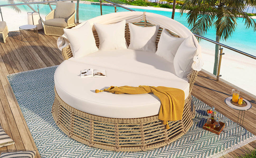 Patio Rattan Round Daybed and Retractable Canopy