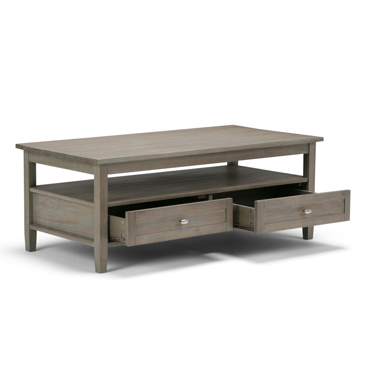 Warm Shaker Coffee Table with Drawer and Shelf in gray-washed wood finish on Tampa Home & Garden Store