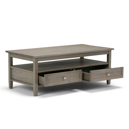 Warm Shaker Coffee Table with Drawer and Shelf in gray-washed wood finish on Tampa Home & Garden Store