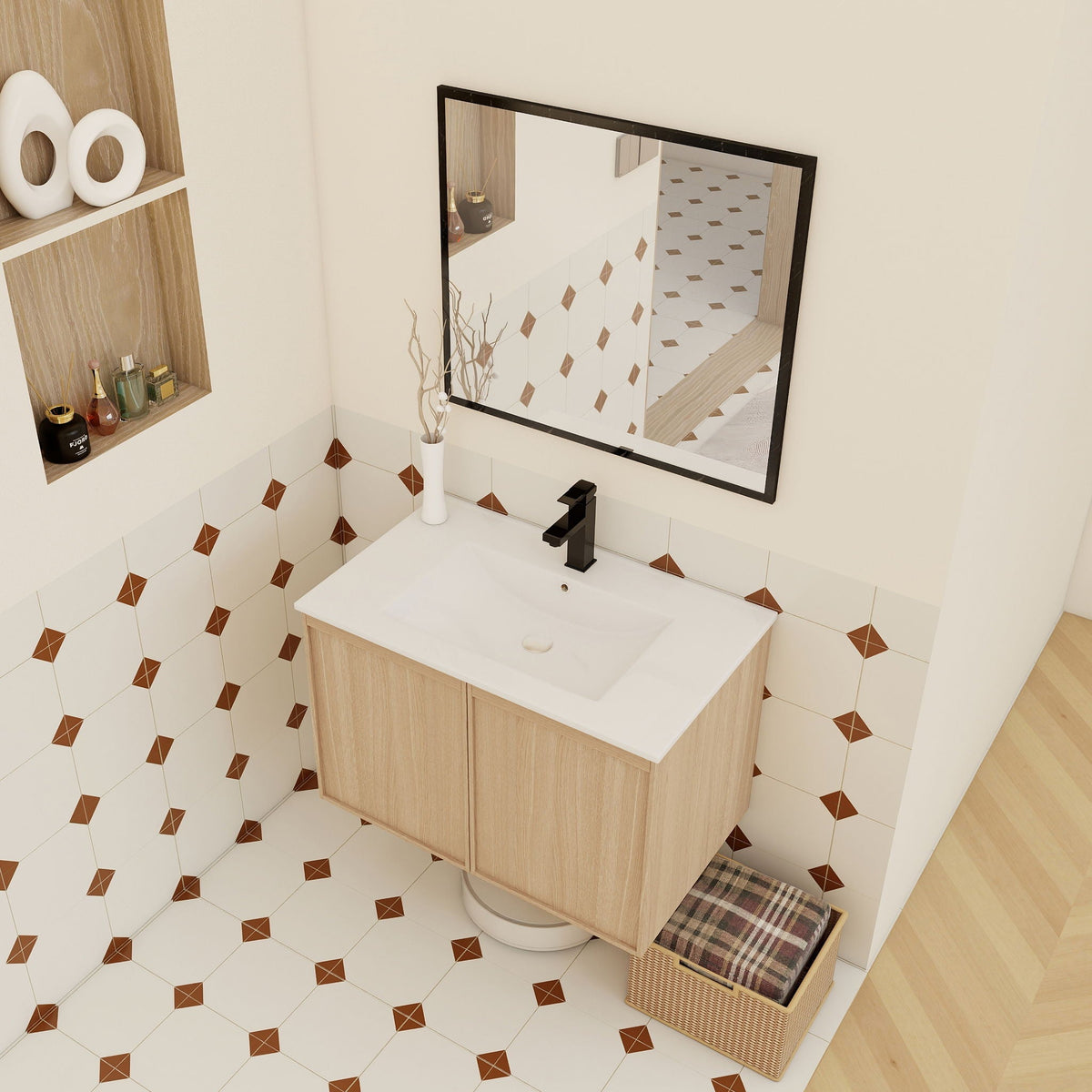 Floating vanity with sink in light brown wood, soft-close doors and black faucet on Tampa Home & Garden Store