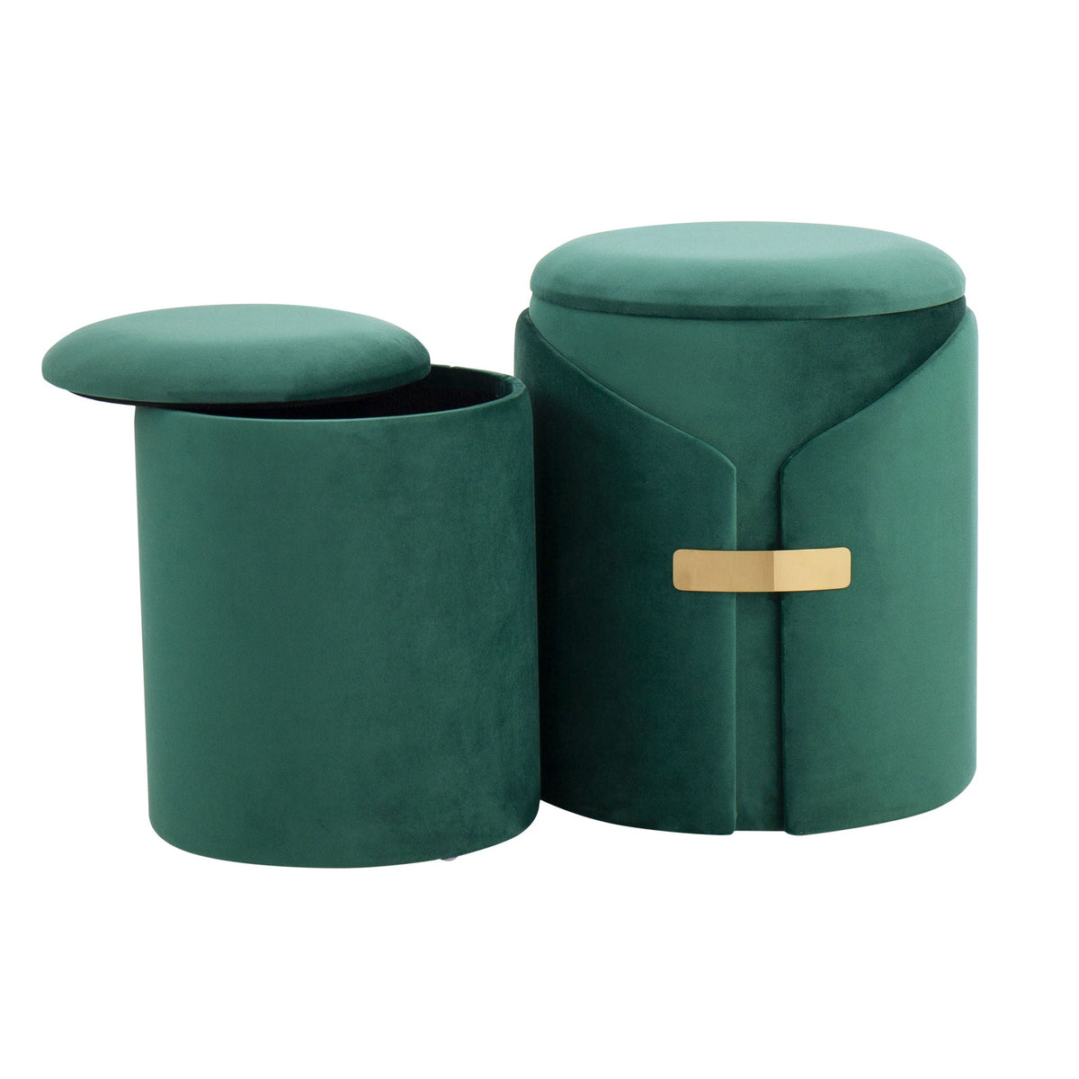 Green velvet Dahlia nesting ottomans, 2-piece set with gold metal accents on Tampa Home & Garden Store
