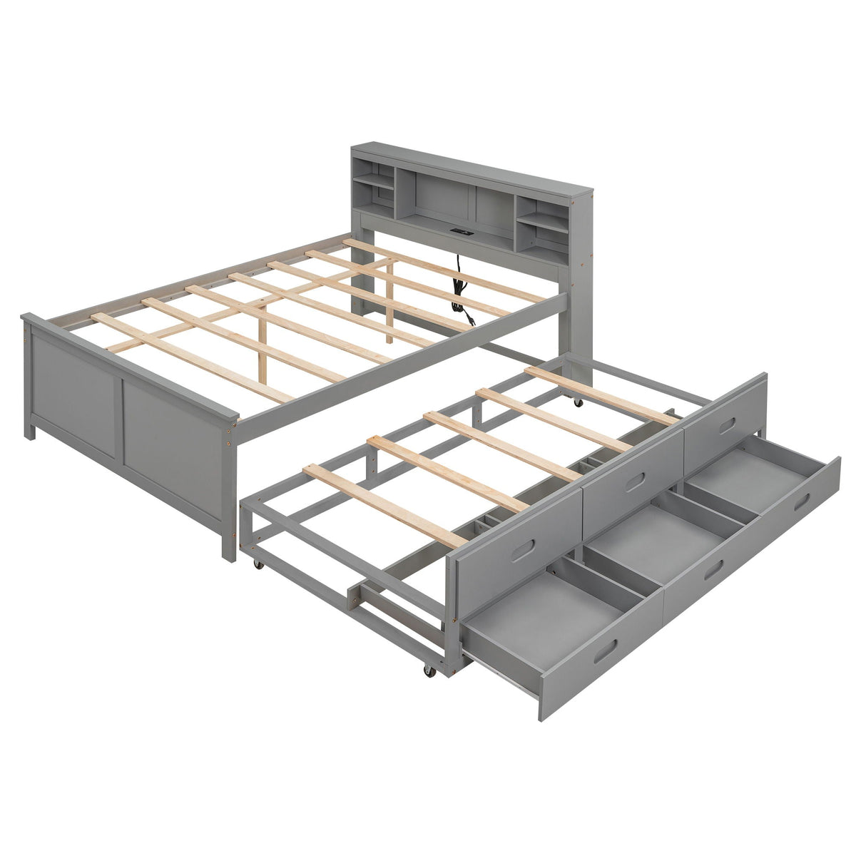 Gray platform bed with storage headboard by HouseOfZazla, built-in shelves and three drawers on Tampa Home & Garden Store