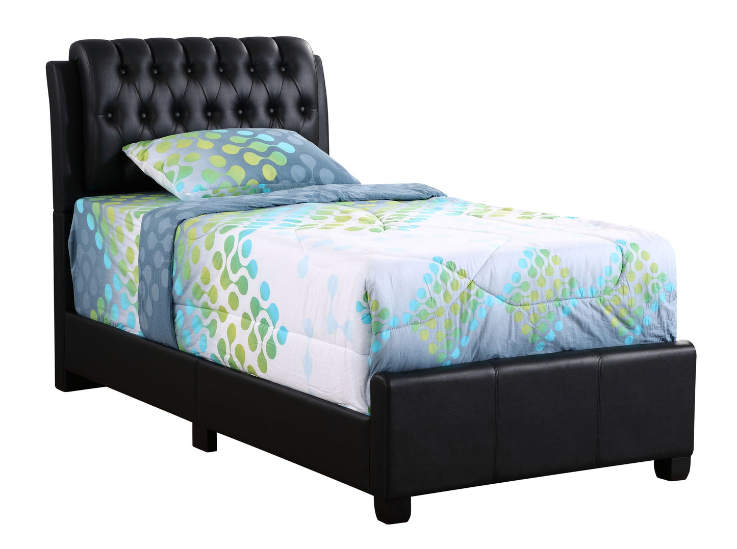 Tufted Upholstered Bed black faux leather headboard; vibrant patterned bedding HouseOfZazla on Tampa Home & Garden Store