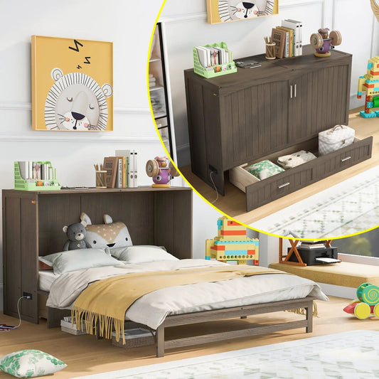 Queen Murphy bed with charge station in antique grey, dark wood wall bed with built-in storage on Tampa Home & Garden Store