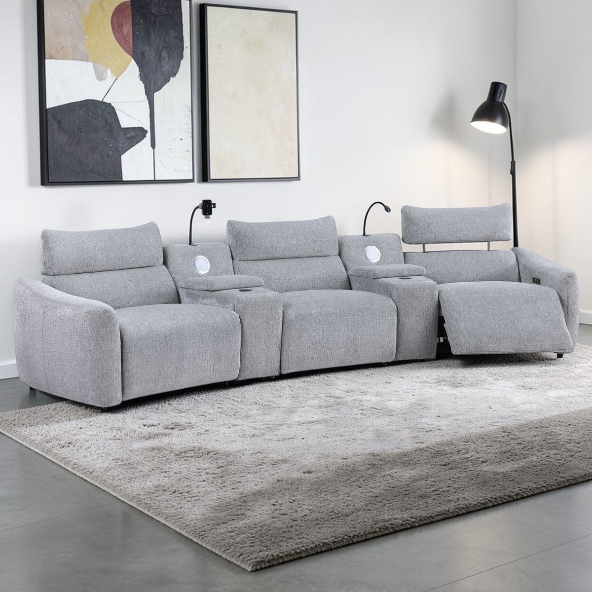 Fullar modular power motion reclining sectional sofa with console in light gray fabric on Tampa Home & Garden Store