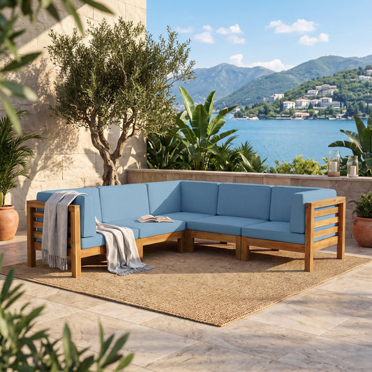 Oana 5-Piece V Shape Patio Sofa Set HouseOfZazla with blue cushions wood frame on Tampa Home & Garden Store