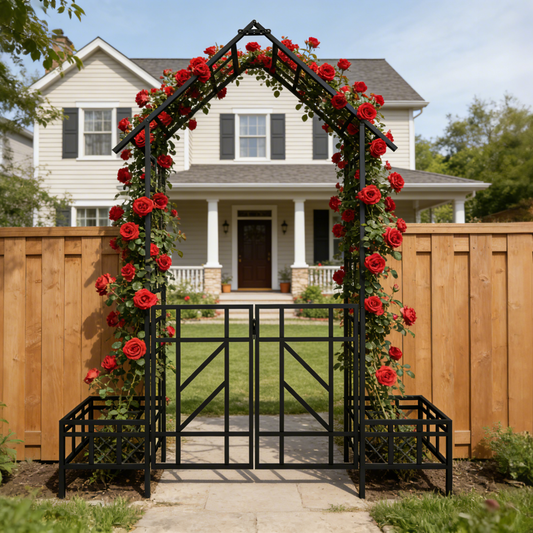 Black metal garden arch with gate and planter, climbing red roses bloom along the frame on Tampa Home & Garden Store