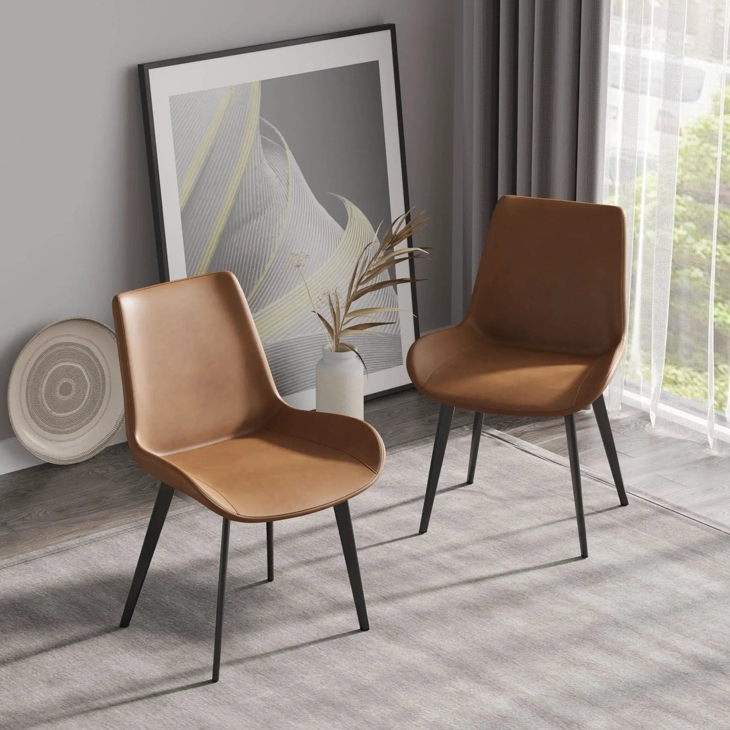 Modern dining chairs set of 2 with tan leather seats and black metal legs Unique Piece Furniture on Tampa Home & Garden Store