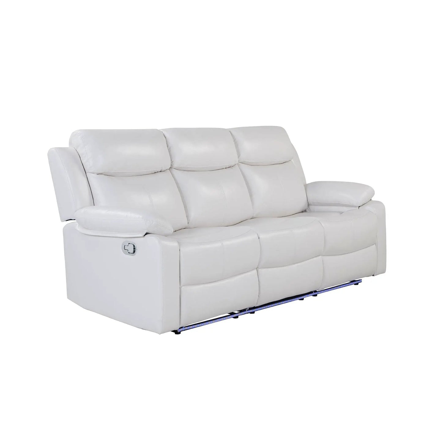 Blanche reclining sofa with LED lights, white leather upholstery, blue LED base lighting on Tampa Home & Garden Store