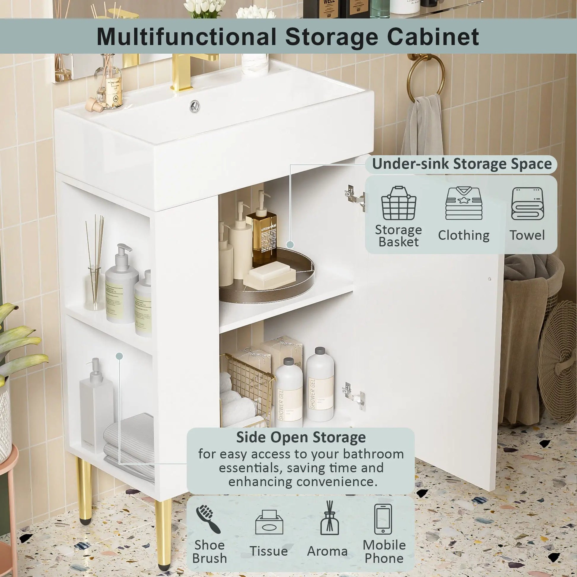 White bathroom vanity with single ceramic sink and under-sink storage by Unique Piece Furniture on Tampa Home & Garden Store