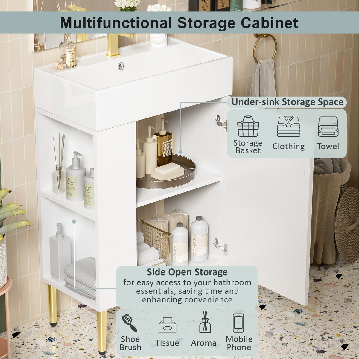 Bathroom vanity with single ceramic sink, white finish and side storage by HouseOfZazla on Tampa Home & Garden Store