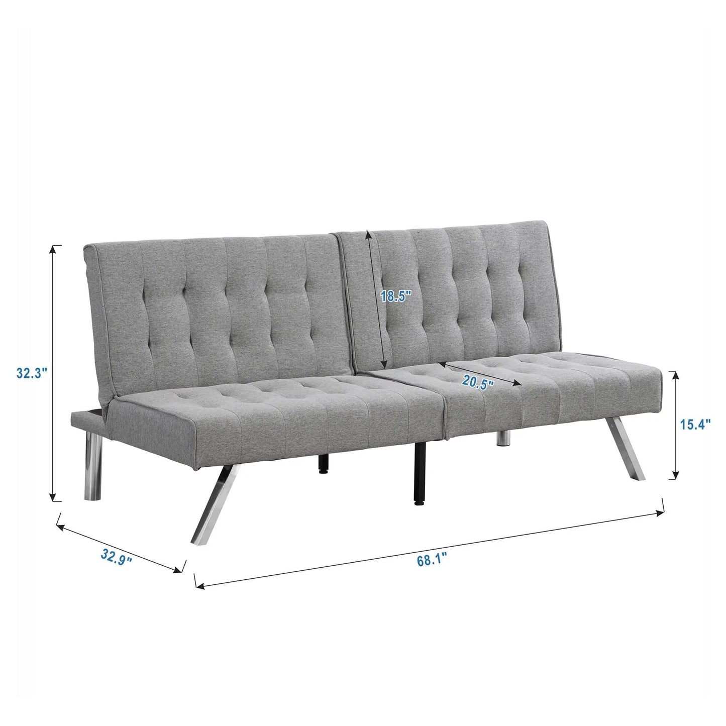 Futon sofa bed in grey fabric with tufted back and chrome legs, 68.1in wide on Tampa Home & Garden Store