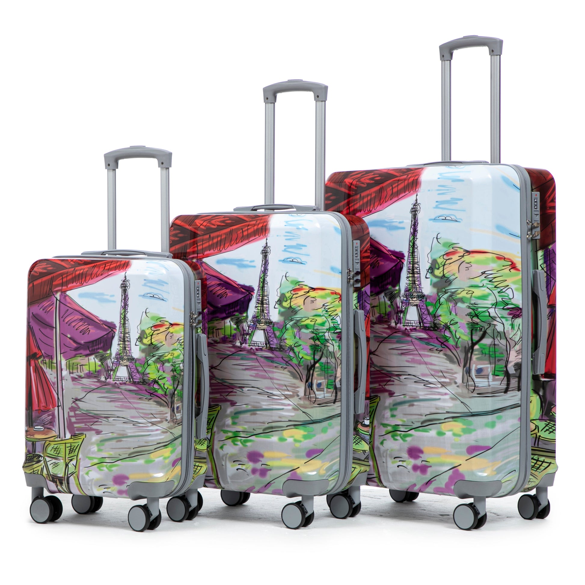3-piece HouseOfZazla spinner wheel hard case luggage set in pastel cityscape artwork on Tampa Home & Garden Store