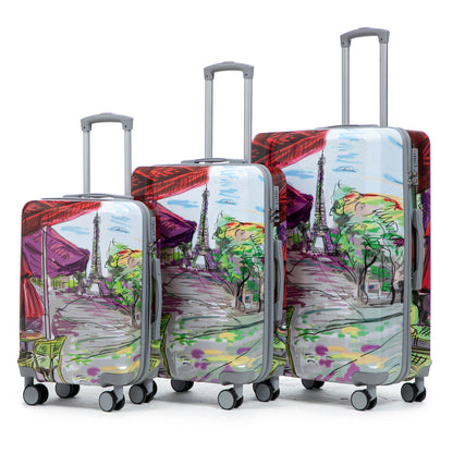 3-piece HouseOfZazla spinner wheel hard case luggage set in pastel cityscape artwork on Tampa Home & Garden Store