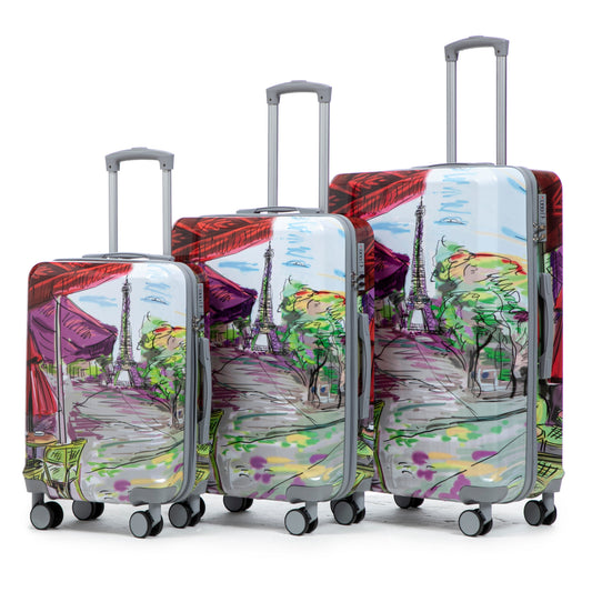 3-piece HouseOfZazla spinner wheel hard case luggage set in pastel cityscape artwork on Tampa Home & Garden Store
