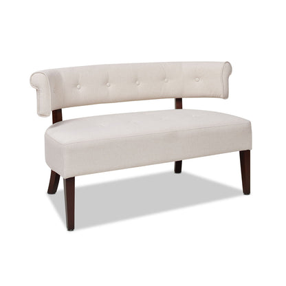 Jared Versatile Roll Arm Tufted Bench Settee beige upholstery; dark wood legs HouseOfZazla on Tampa Home & Garden Store