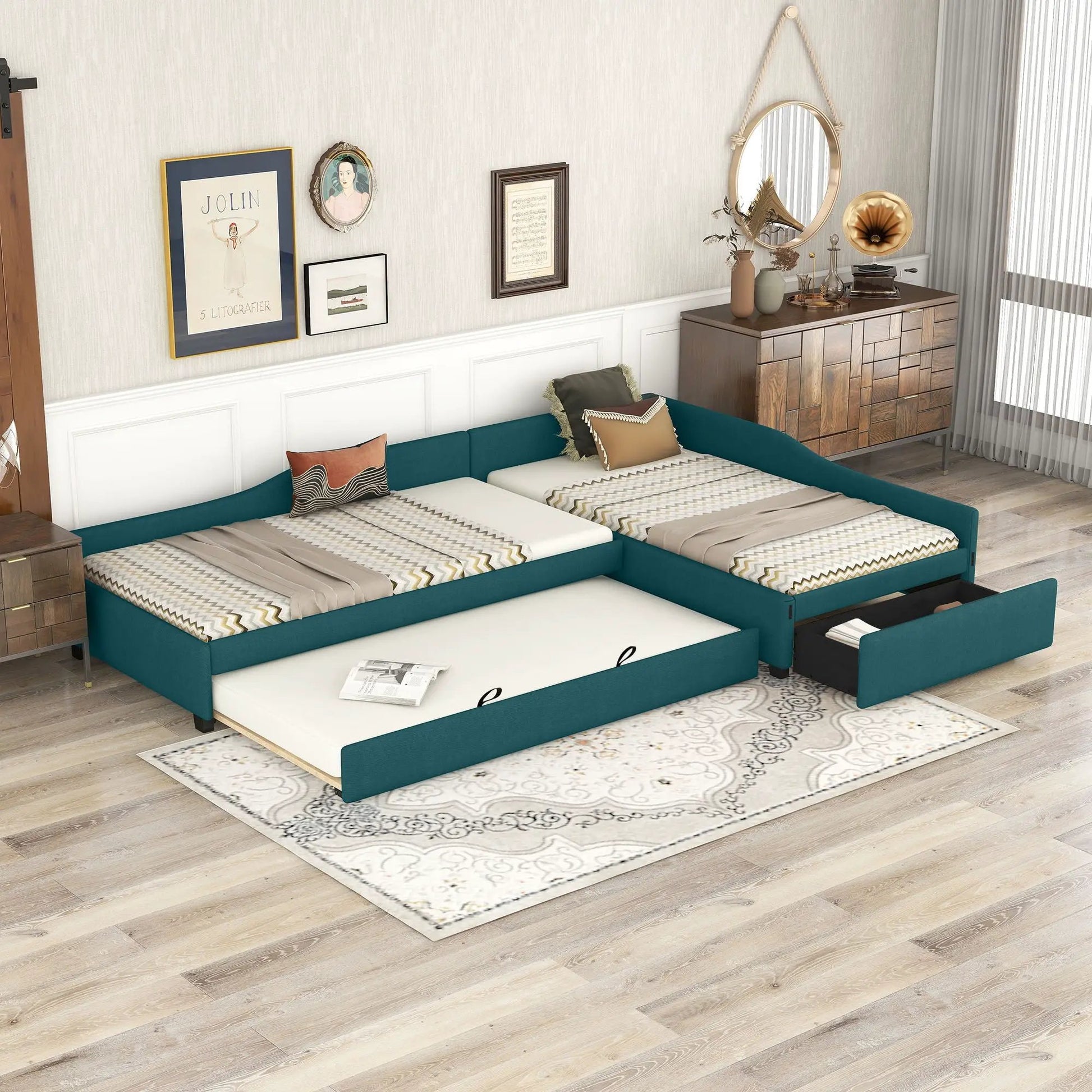 Teal upholstered double daybed with trundle and drawer by Unique Piece Furniture on Tampa Home & Garden Store
