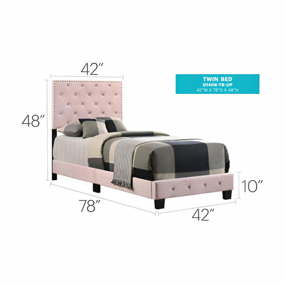 Luxurious blush pink tufted upholstered twin bed with nailhead trim on Tampa Home & Garden Store