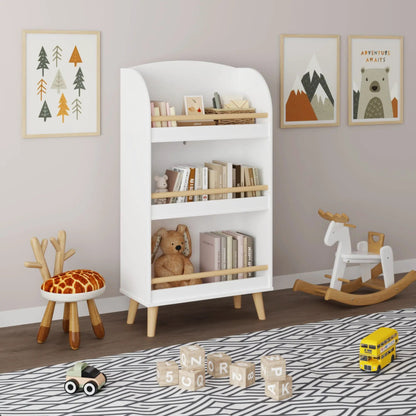 White 3-tier bookshelf with toy storage by Unique Piece Furniture, holds books and a teddy on shelves on Tampa Home & Garden Store