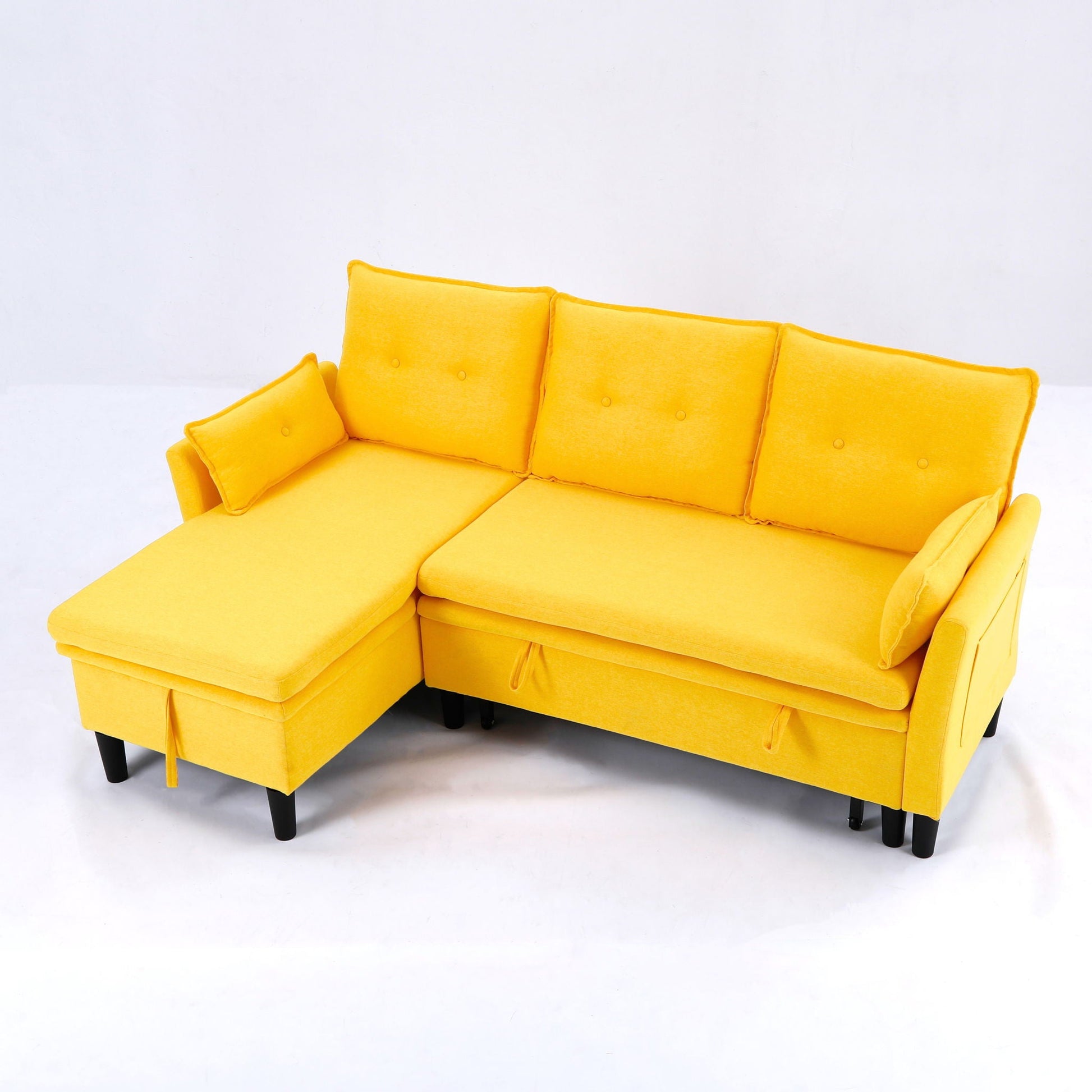 L-shaped reversible chaise sleeper sectional sofa with storage in yellow and black legs on Tampa Home & Garden Store