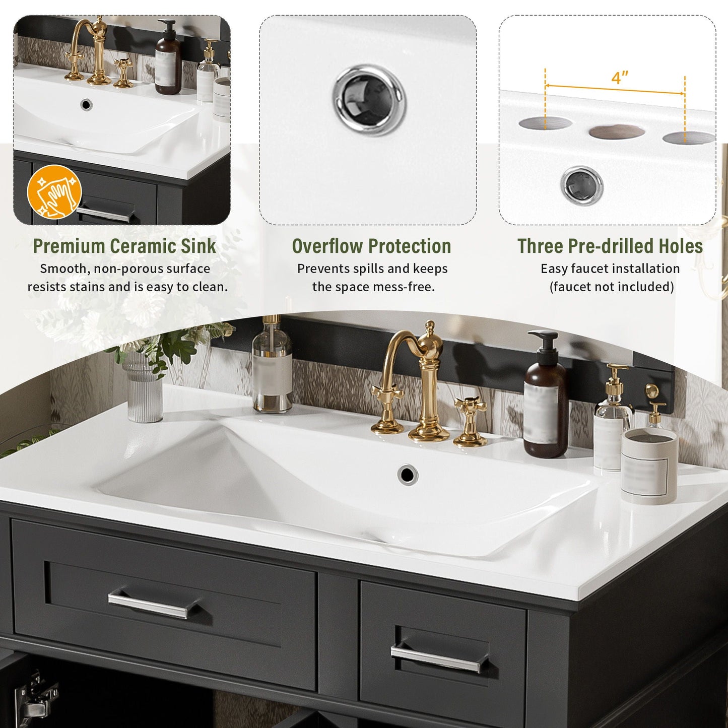 Modern Bathroom Vanity with Sink dark gray storage cabinet, white ceramic sink, gold fixtures on Tampa Home & Garden Store