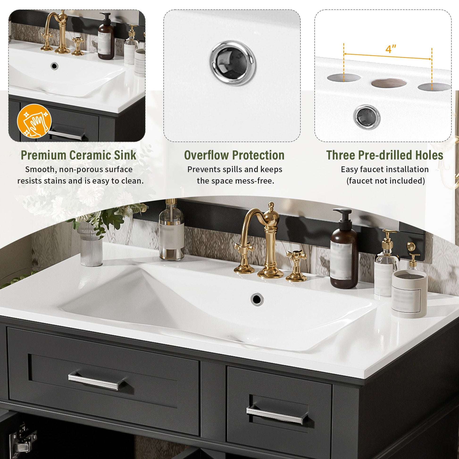 Modern Bathroom Vanity with Sink dark gray storage cabinet, white ceramic sink, gold fixtures on Tampa Home & Garden Store