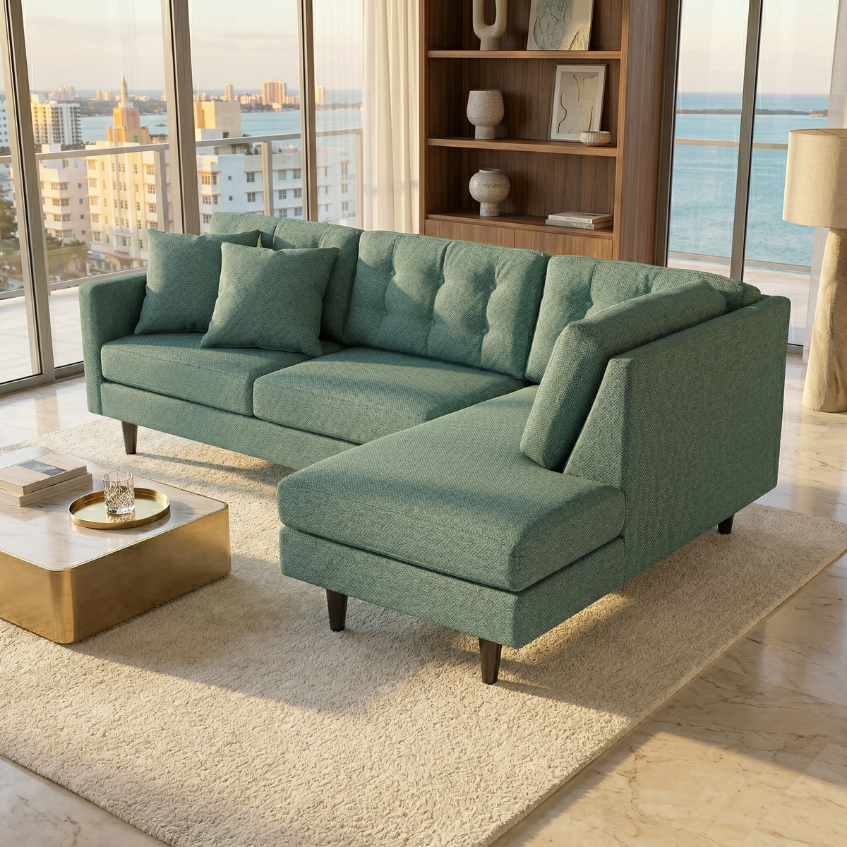 Talmadge sectional sofa in green textured fabric in a bright living room with floor-to-ceiling windows on Tampa Home & Garden Store