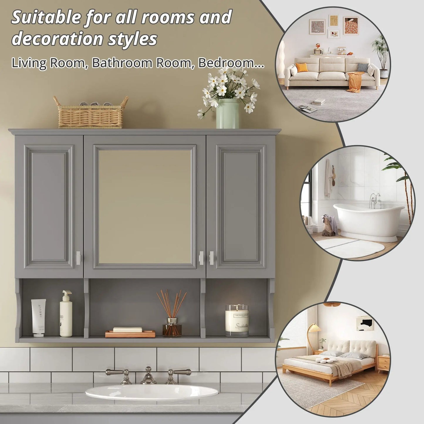 Wall mounted bathroom medicine cabinet with mirror and open shelves in gray on Tampa Home & Garden Store