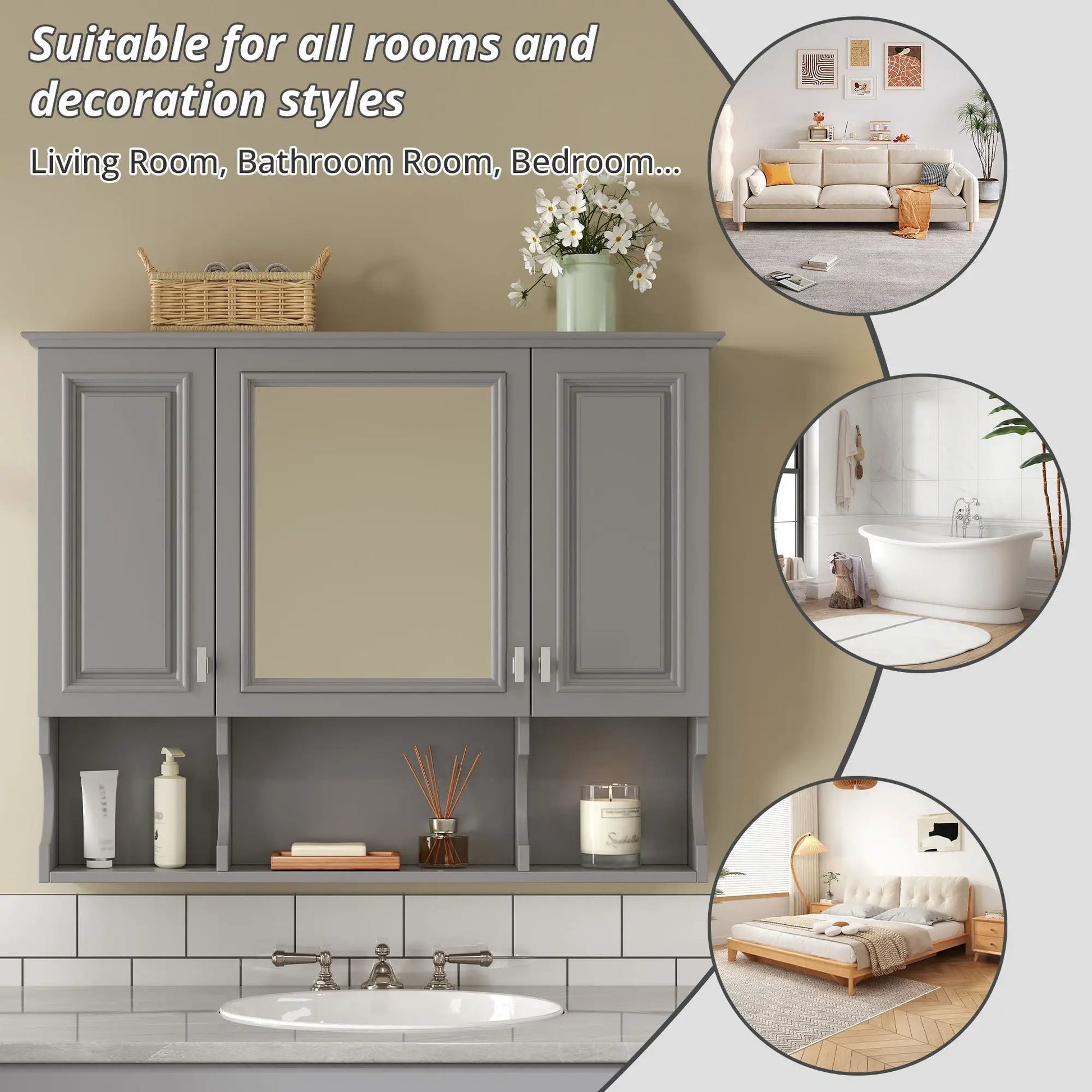 Wall mounted bathroom medicine cabinet with mirror and open shelves in gray on Tampa Home & Garden Store