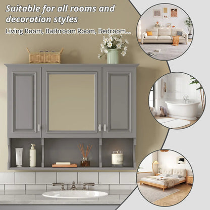 Wall mounted bathroom medicine cabinet with mirror and open shelves in gray on Tampa Home & Garden Store