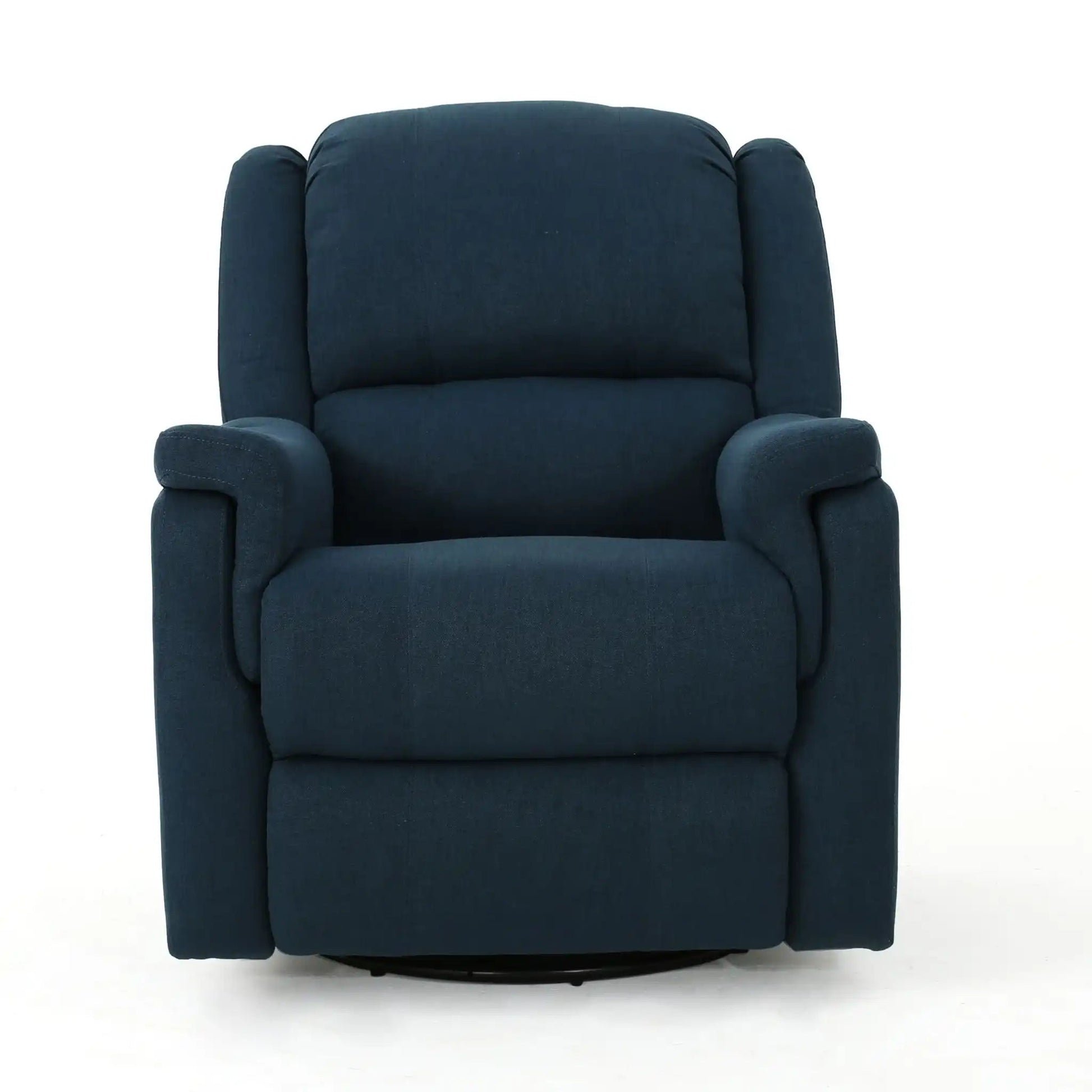 Contemporary glider recliner with swivel function in navy upholstery, padded back and arms on Tampa Home & Garden Store