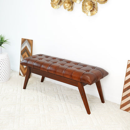 Cognac leather upholstered bench with solid wood frame on Tampa Home & Garden Store